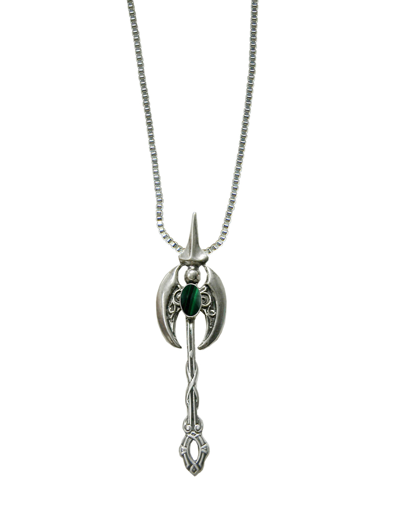Sterling Silver Detailed Warriors Battle Axe Labrys Pendant With Malachite
